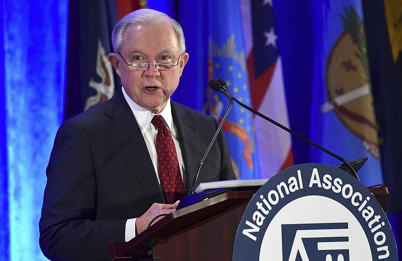 In this Tuesday Feb. 27, 2018, file photo is Attorney General Jeff Sessions speaking at the National Association of Attorneys General Winter Meeting in Washington. Sessions will speak before the California Peace Officers Association, Wednesday, March 7, to make what's being billed as a major announcement about sanctuary policy. (AP Photo/Susan Walsh, file)