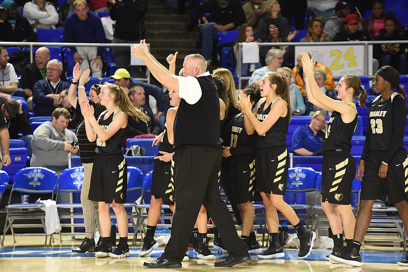 Bradley Central girls' basketball coach Jason Reuter gives two thumbs up to the student section after the Bearettes won their quarterfinal against Daniel Boone on Wednesday at Middle Tennessee State University in Murfreesboro. Bradley plays again Friday against Houston.
