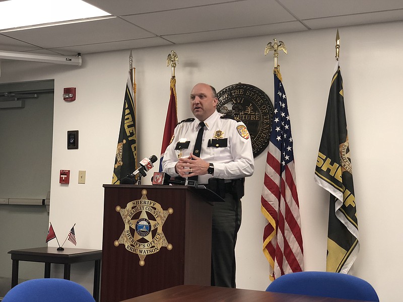 Bradley County Sheriff Eric Watson speaks at a press conference at the sheriff's office on March 8, 2018.