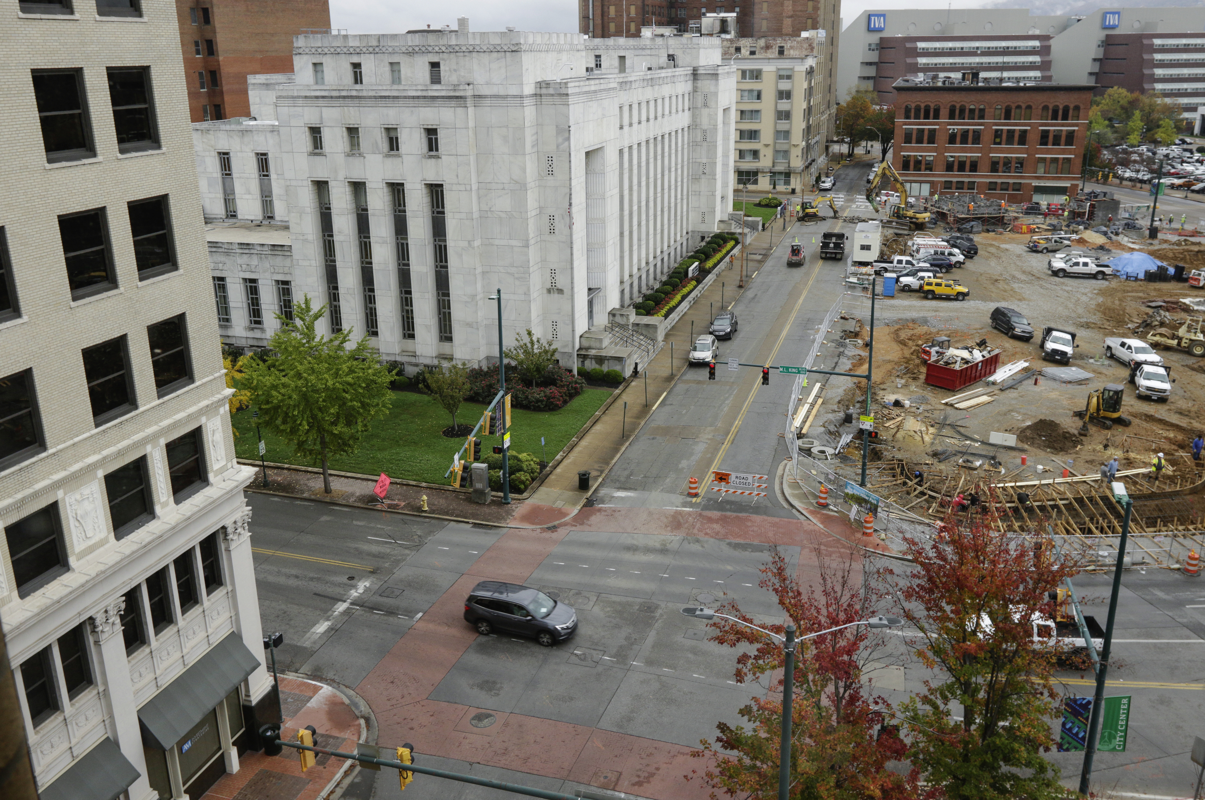 Traffic travels along a section of Martin Luther King Jr. Boulevard which runs adjacent to ongoing Miller Park construction Thursday, Nov. 9, 2017, in Chattanooga, Tenn. The stretch of road will be closed beginning Nov. 13 for approximately 100 days.