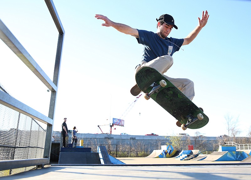 Kollin Schanley, 19, works on a nose blunt trick at Chattown Skate Park Tuesday, March 6, 2018 in Chattanooga, Tenn. Schanley said he has been skating for about 12 years. 