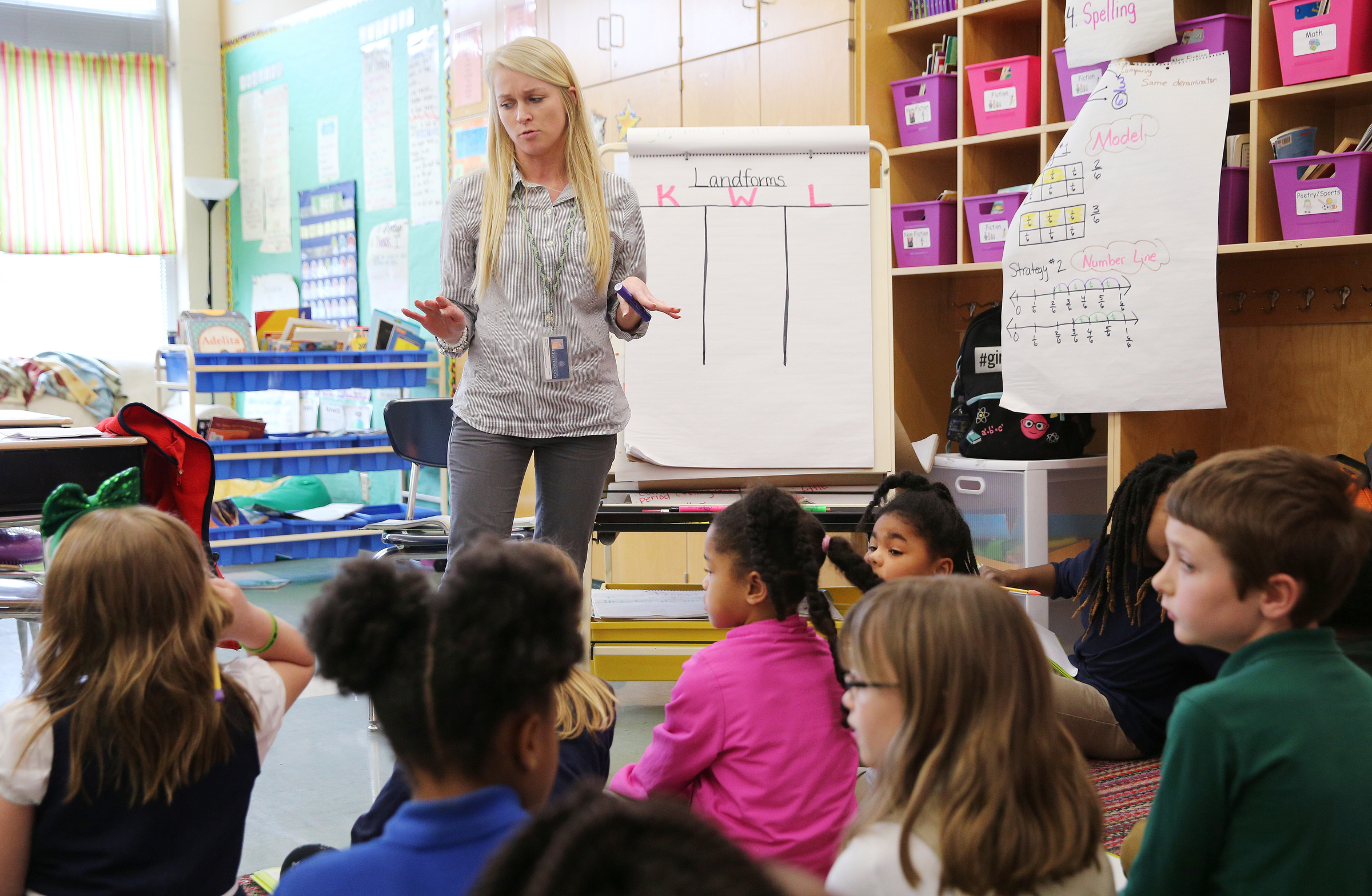 Christin Willingham talks through what students know and asks them what they want to know about landforms while student teaching in Wendy Scruggs' class at Battle Academy Wednesday, March 7, 2018 in Chattanooga, Tenn. Willingham, who is a senior in the University of Tennessee at Chattanooga's School of Education, is doing her student teaching residency in Scruggs' classroom.