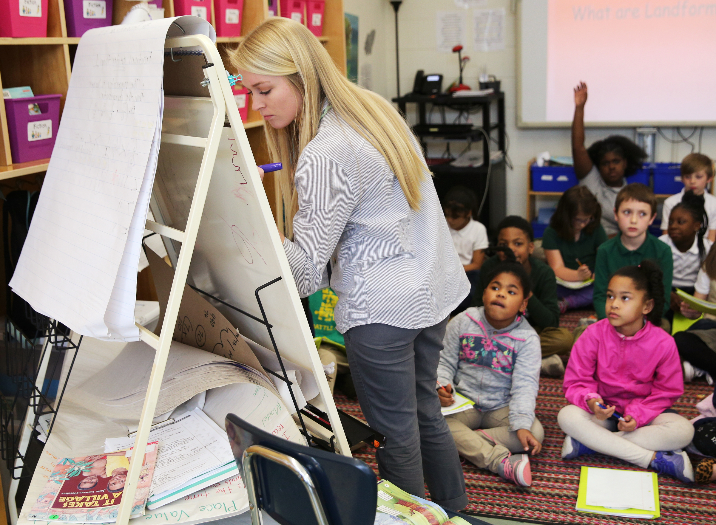 Christin Willingham talks through what students know and asks them what they want to know about landforms while student teaching in Wendy Scruggs' class at Battle Academy Wednesday, March 7, 2018 in Chattanooga, Tenn. Willingham, who is a senior in the University of Tennessee at Chattanooga's School of Education, is doing her student teaching residency in Scruggs' classroom.