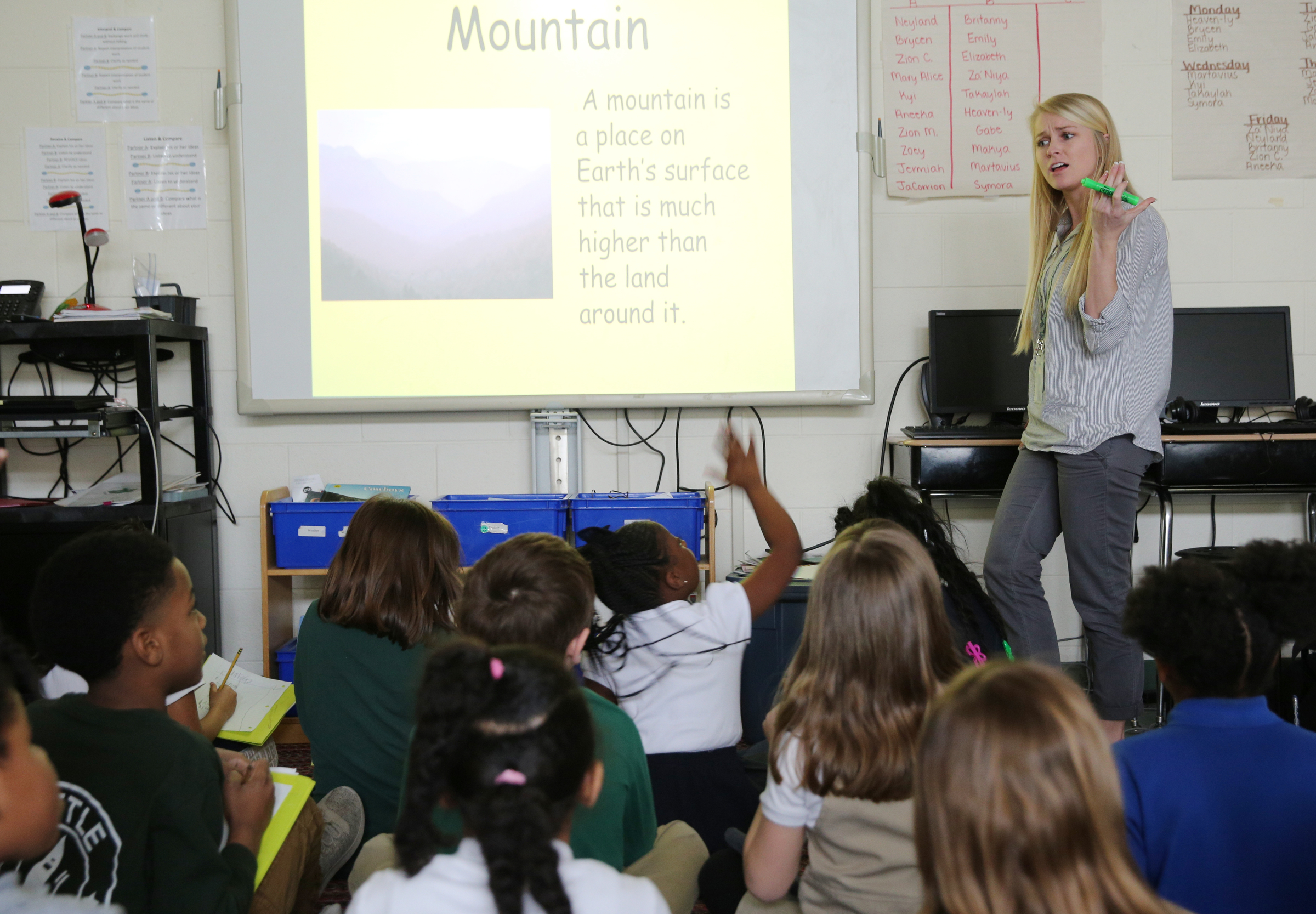 Christin Willingham teaches a group of students in Wendy Scruggs' class at Battle Academy about different landforms Wednesday, March 7, 2018 in Chattanooga, Tenn. Willingham, who is a senior in the University of Tennessee at Chattanooga's School of Education, is doing her student teaching residency in Scruggs' classroom.