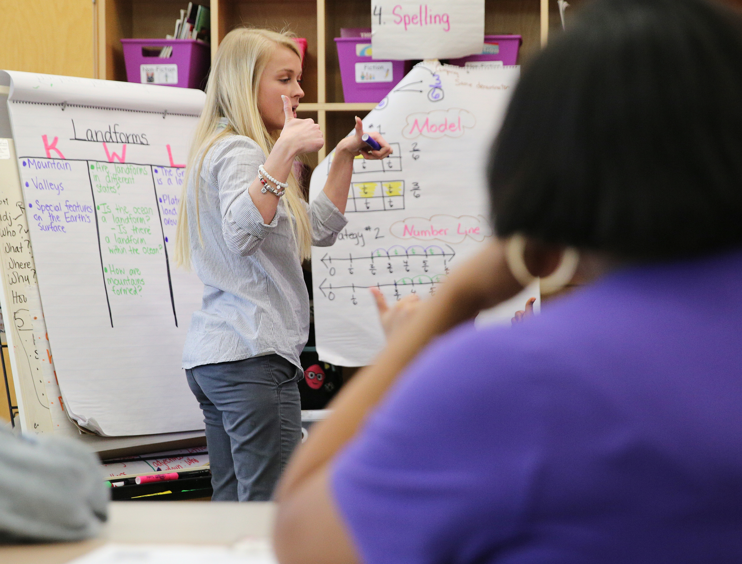 Christin Willingham, a senior in the University of Tennessee at Chattanooga's School of Education, teaches a group of students in Wendy Scruggs' class as Scruggs monitors at Battle Academy about different landforms Wednesday, March 7, 2018 in Chattanooga, Tenn. UTC is changing how it prepares students to be teachers by expanding the length of time students spend as student teachers during their residency semesters.