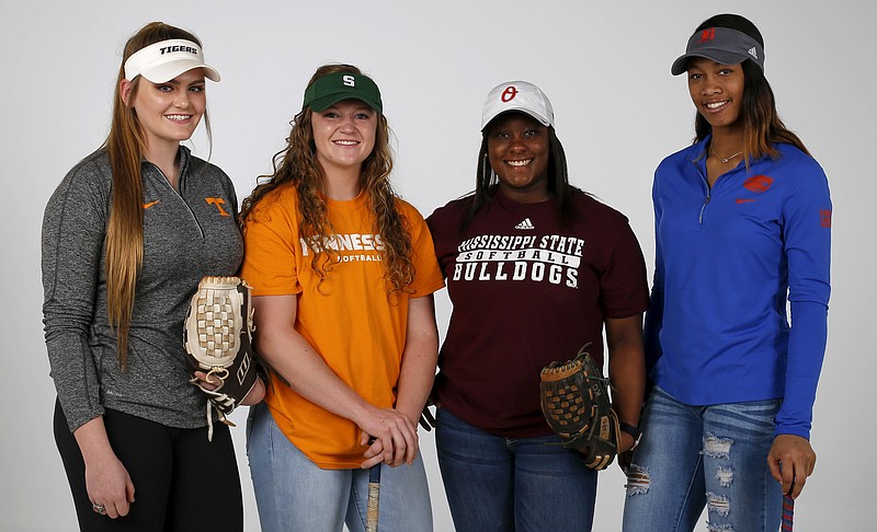 Area high school softball players Ashley Rogers, Kaili Phillips, Kayla Boseman and Cheyenne Lindsey, from left, all have signed to play for SEC teams — Meigs County's Rogers and Silverdale Baptist Academy's Phillips for Tennessee, Ooltewah's Boseman for Mississippi State and Baylor's Lindsey for Florida.