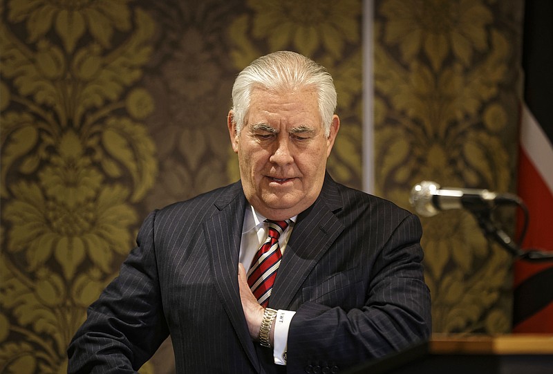 
              U.S. Secretary of State Rex Tillerson arrives to speak to the media at a joint press conference with Kenya's Cabinet Secretary for Foreign Affairs Monica Juma, at an hotel in Nairobi, Kenya Friday, March 9, 2018. (AP Photo/Ben Curtis)
            