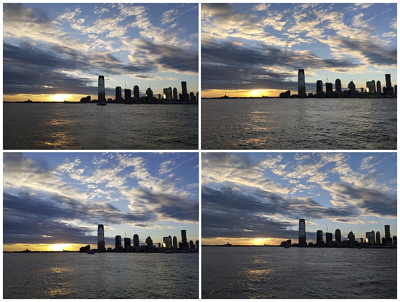 This combo shows photos of a sunset along the Hudson River, taken in New York with a view of New Jersey, on Tuesday, March 6, 2018. Starting at the top left and going clockwise, the phones used are Samsung’s Galaxy S9, Apple’s iPhone X, Google’s Pixel 2 XL and Samsung’s Galaxy Note 8. All top-end phones take decent photos, even in challenging low-light conditions, though there are some color variations. (AP Photo/Nick Jesdanun)