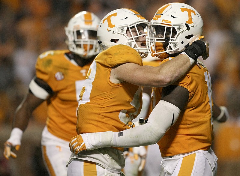 Tennessee linebacker Colton Jumper, left, and defensive lineman Darrell Taylor celebrate after a turnover during an NCAA football game against Southern Mississippi at Neyland Stadium on Saturday, Nov. 4, 2017, in Knoxville, Tenn.