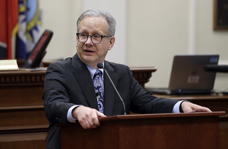 Nashville Mayor David Briley addresses the city council after he was sworn in to replace Mayor Megan Barry Tuesday, March 6, 2018, in Nashville, Tenn.