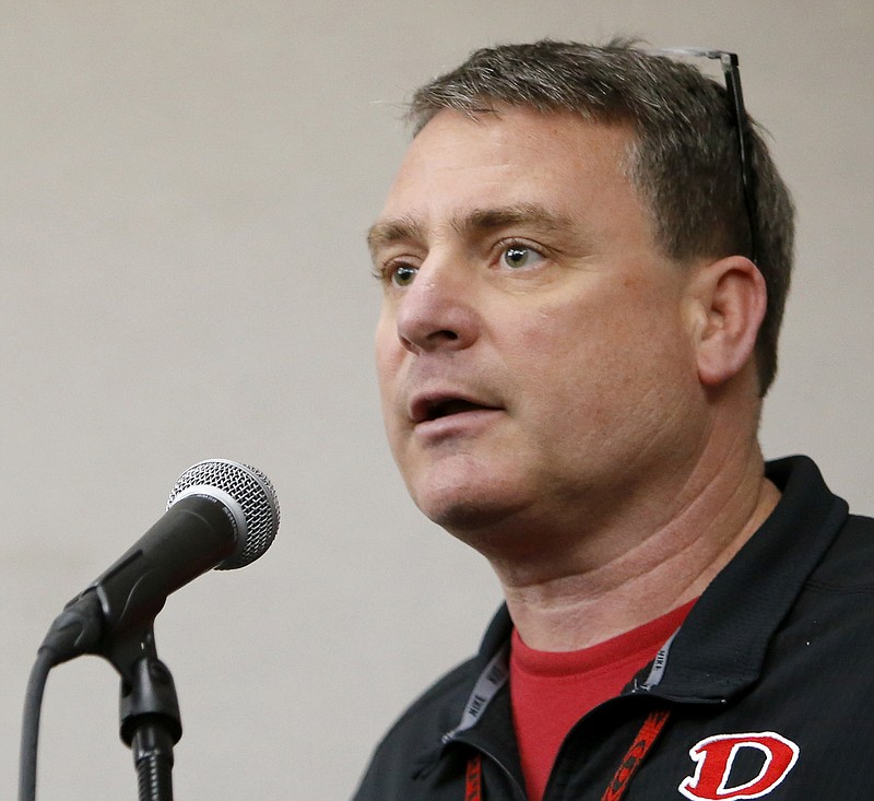 Dalton High School principal Steve Bartoo speaks during a news conference at the Dalton Convention Center on Wednesday, Feb. 28, 2018, in Dalton, Ga. Students from Dalton High School were evacuated to the Dalton Convention Center after social studies teacher Randal Davidson allegedly barricaded himself in a classroom and fired a handgun.