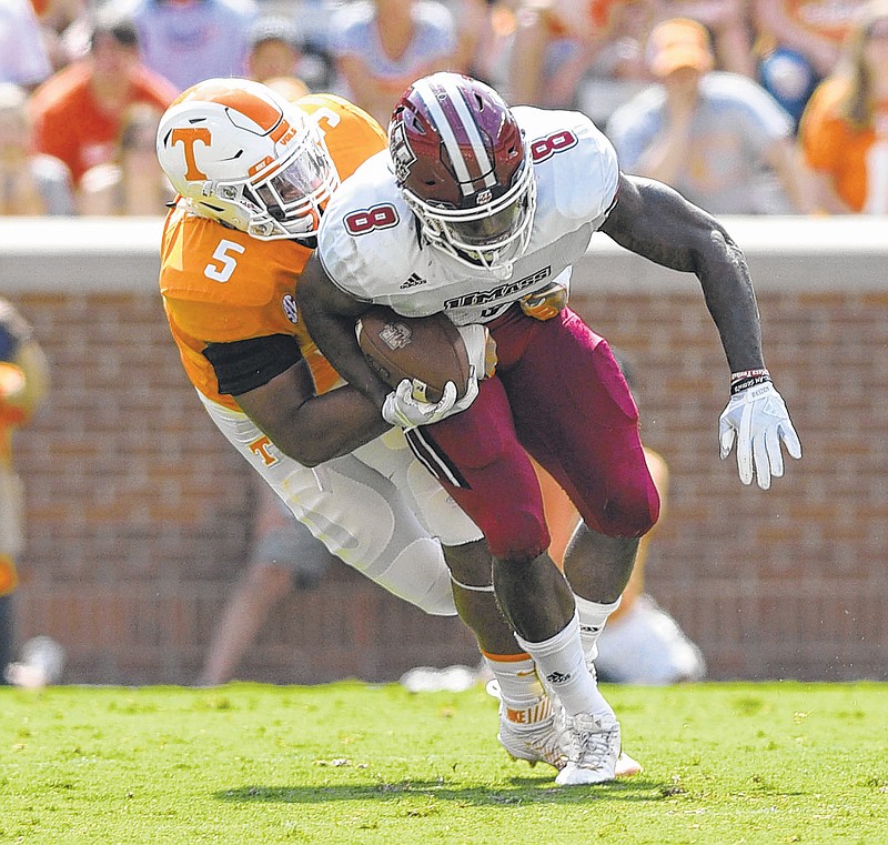 Tennessee defensive end Kyle Phillips (5) will represent the Volunteers next week at SEC Media Days, along with receiver Marquez Callaway and tight end Eli Wolf.