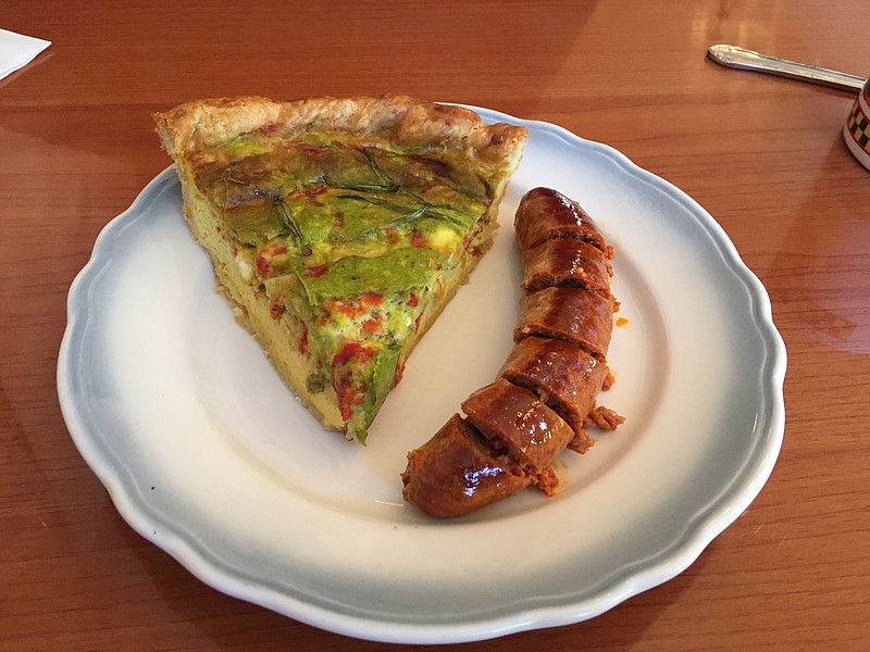 The Egg Pie special of the day had roasted peppers, white cheddar cheese and pesto. It was ordered with a side of chorizo.