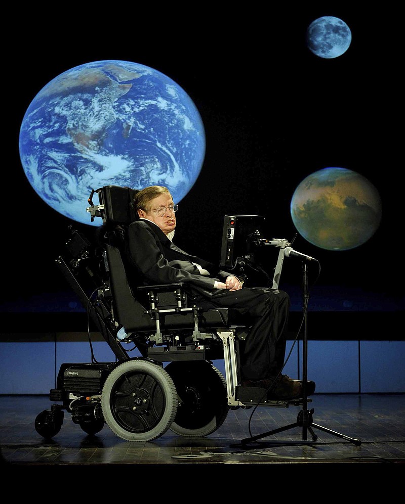 In an image provided by Nasa, Stephen Hawking gives a talk during Nasa’s 50th anniversary celebrations at George Washington University, April 21, 2008. Hawking, the physicist and best-selling author whose work exploring gravity and the properties of black holes made him an emblem of human determination and curiosity, died at home in Cambridge, England on March 14, 2018. He was 76. (Paul. E. Alers/Nasa via The New York Times) -- FOR EDITORIAL USE ONLY -- 