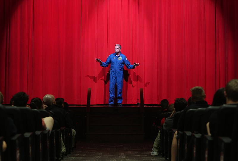 Don Thomas tells students at Collegedale Academy about his journey to become an astronaut Wednesday, March 14, 2018 in Collegedale, Tenn. Thomas is a former astronaut, engineer, professional speaker, educator, and author of "Orbit of Discovery" about his STS-70 mission aboard space shuttle Discovery.