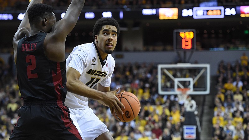 Missouri freshman forward Jontay Porter, right, who has averaged 10.1 points and a team-leading 6.8 rebounds per game this season, will try to help the Tigers to their first NCAA tournament triumph as SEC members Friday night when they face Florida State in Nashville.