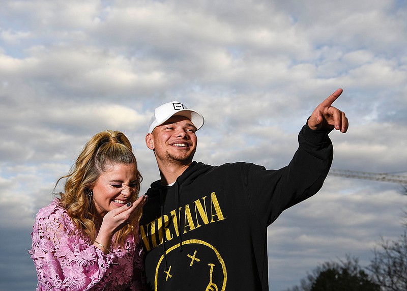 Lauren Alaina, left, and Kane Brown pose for a portrait at the BMI headquarters in Nashville in February. (Photo by Lucy Atkins / The Tennessean)