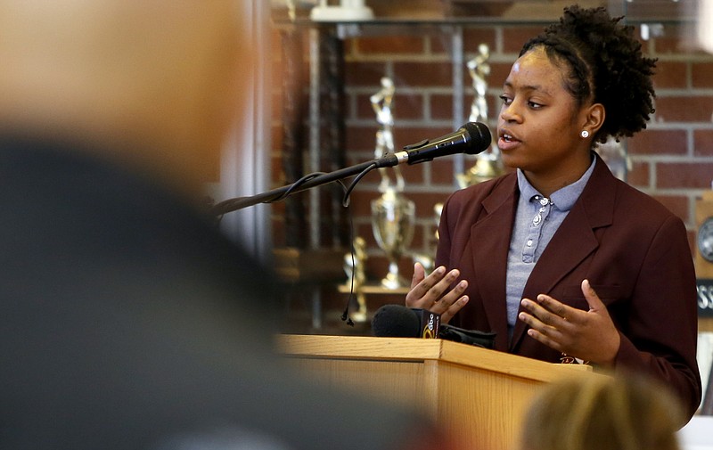 Staff photo by C.B. Schmelter / Howard student Hayle Mack speaks during a Thursday news conference announcing the launch of the Future Ready Institutes at Howard School. Howard is one of 11 high schools that will have career-oriented learning communities embedded within the school.