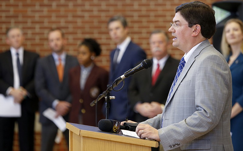 JPMorgan Chase & Co. Market Executive Hamp Johnston speaks during a press conference announcing the launch of the Future Ready Institutes at Howard School on Thursday, March 15, 2018 in Chattanooga, Tenn. The 11 Hamilton County schools to have a Future Ready Institute are: Brainerd High, East Hamilton Middle/High, East Ridge High, Hixson High, Howard High, Ooltewah High, Red Bank High, Sequoyah High, Tyner High, Signal Mountain Middle/High and Soddy-Daisy High.