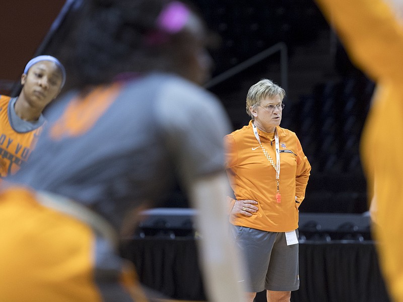 Tennessee head coach Holly Warlick conducts practice in Knoxville, Tenn., on Thursday, March 15, 2018. Tennessee will host Liberty in the first round of the NCAA women's basketball tournament. (Saul Young/Knoxville News Sentinel via AP)