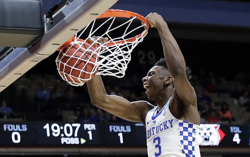 Kentucky guard Hamidou Diallo starts off the team's first-round game against Davidson with a dunk during the NCAA men's college basketball tournament Thursday, March 15, 2018, in Boise, Idaho. (AP Photo/Otto Kitsinger)