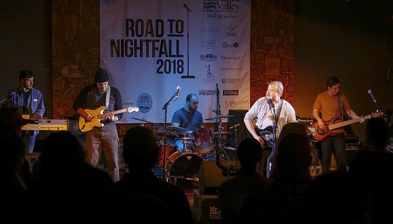 Derek Wayne Martin, second from the right, and his band play "Too Much" during the "Road to Nightfall" competition at the Granfalloon on Friday, March 16, 2018 in Chattanooga, Tenn. Martin's band includes Ben Strawn on keys, Ethen Martin on lead guitar, Alex Farrell on drums and Noah Lee on bass. The final round of preliminary competition continues tonight with The Band Antle, Caney Creek Company, Midnight Promise, Connection27, Kindora and Stagger Moon. The five "Road to Nightfall" winners will compete on "Finals Night" at The Signal on March 24th, with the winner headlining at Nightfall 2018.