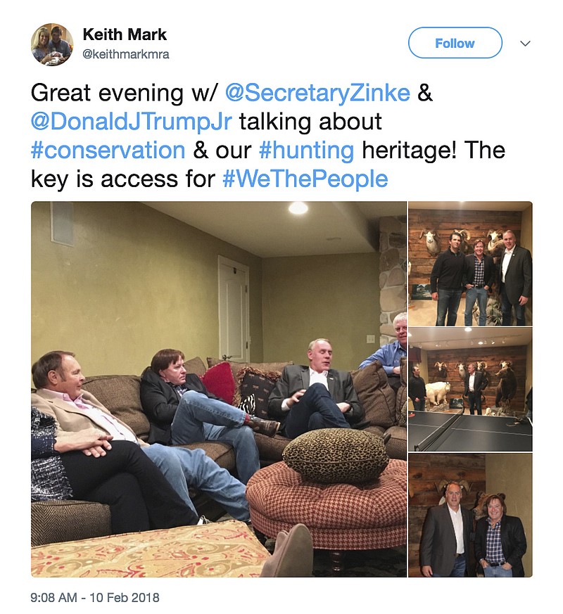 This screenshot of Twitter post from the page of Keith Mark shows photos of Interior Secretary Ryan Zinke meeting with Donald Trump Jr. and Keith Mark. A new U.S. advisory board created to help rewrite federal rules for importing the heads and hides of African elephants, lions and rhinos is stacked with trophy hunters, including some members with direct ties to President Donald Trump and his family. Donald Trump Jr. is friendly with another member of the advisory council _ hunting guide and TV show personality Keith Mark. He helped organize Sportsmen for Trump during the 2016 presidential campaign and recently posted photos on his Twitter page of himself with Trump Jr. and Zinke, standing before an array of mounted big-horn sheep and a bear. "I see the world from a hunting lifestyle," Mark told the AP, adding that he has no preconceived agenda for his service on the conservation council. "It's the most pure form of hands on conservation that there is. I will approach all decision-making with my background." (Twitter via AP)