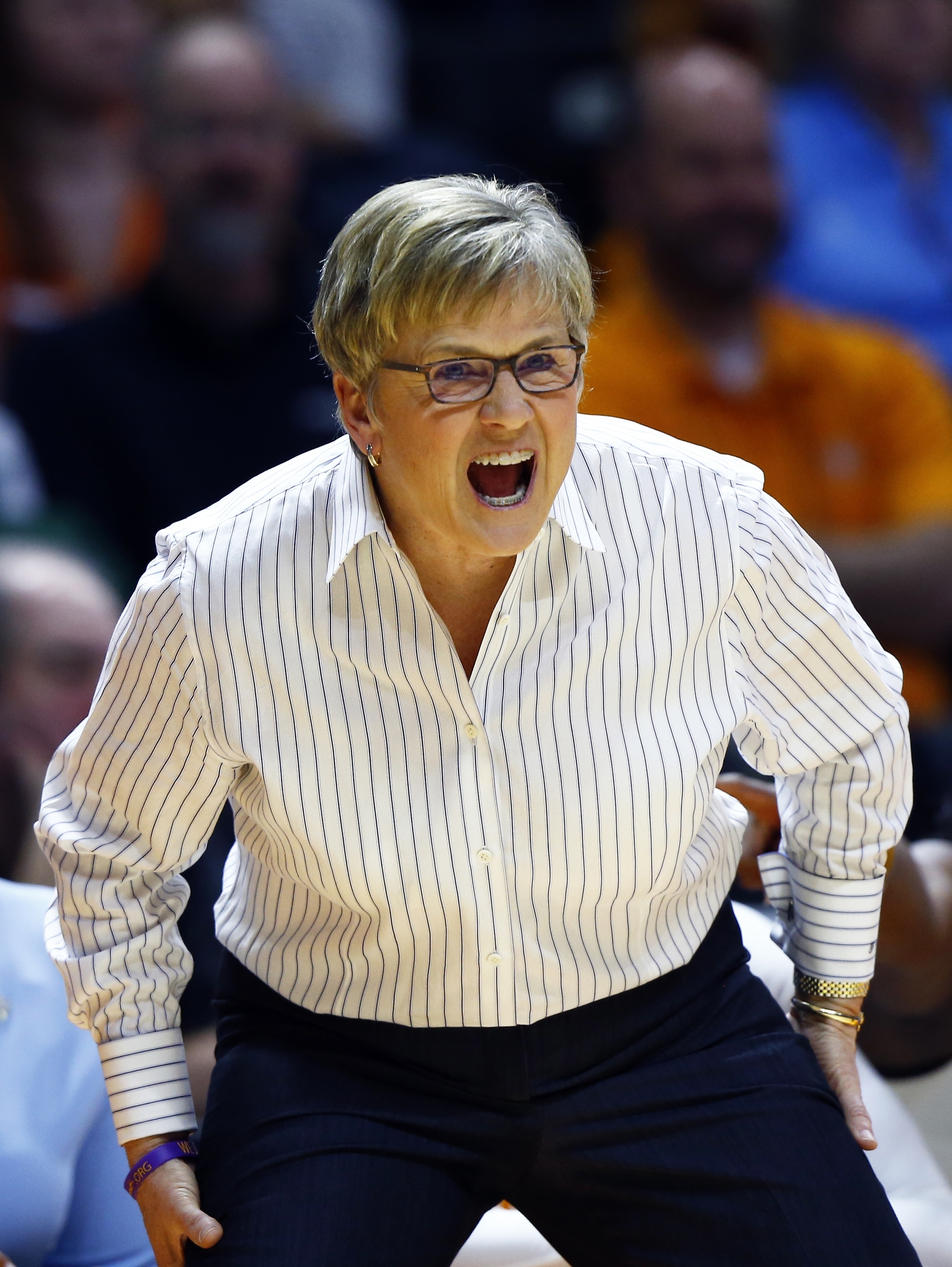 Tennessee head coach Holly Warlick yells to her players in the first half of a second-round game against Oregon State in the NCAA college basketball tournament Sunday, March 18, 2018, in Knoxville, Tenn. (AP Photo/Wade Payne)
