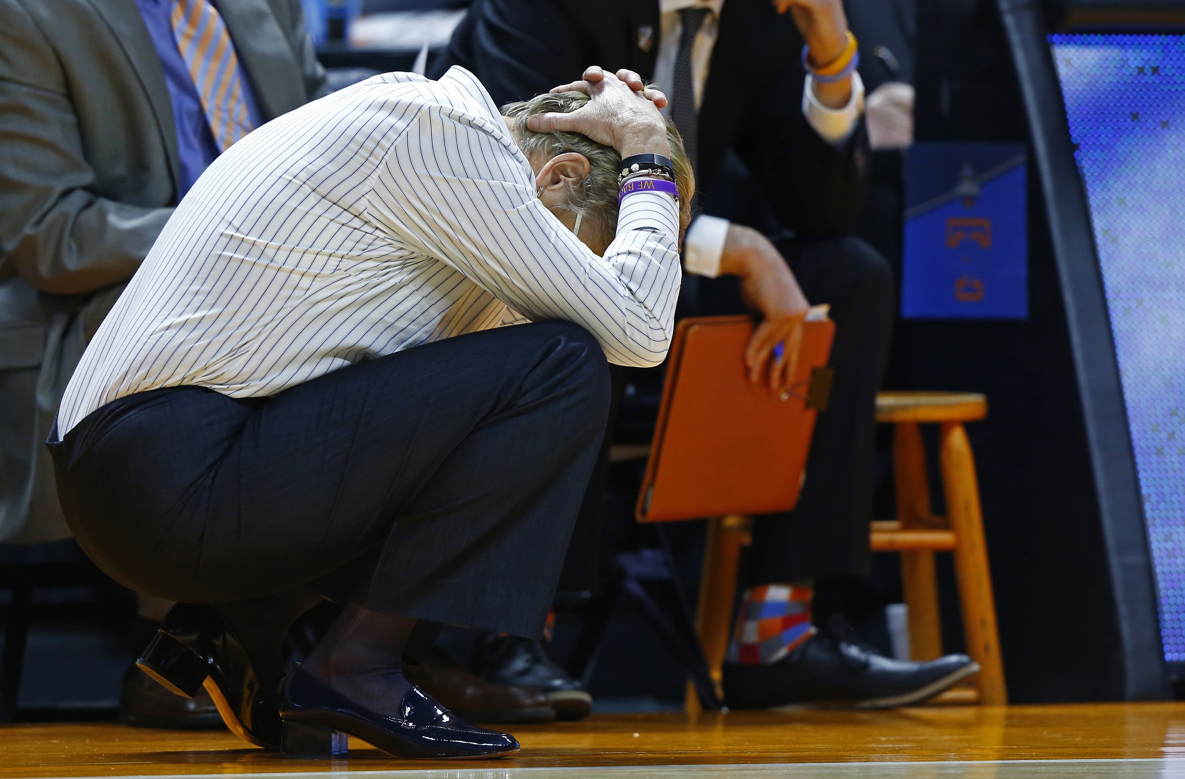 Tennessee coach Holly Warlick holds her head during the second half of the team's second-round game against Oregon State in the NCAA women's college basketball tournament Sunday, March 18, 2018, in Knoxville, Tenn. Oregon State won 66-59. (AP Photo/Wade Payne)
