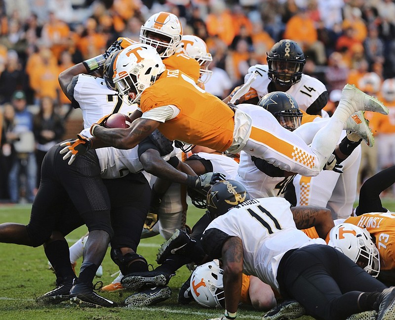 Tennessee running back John Kelly dives into the end zone for a touchdown during the Vols' home game against Vanderbilt in November 2017.
