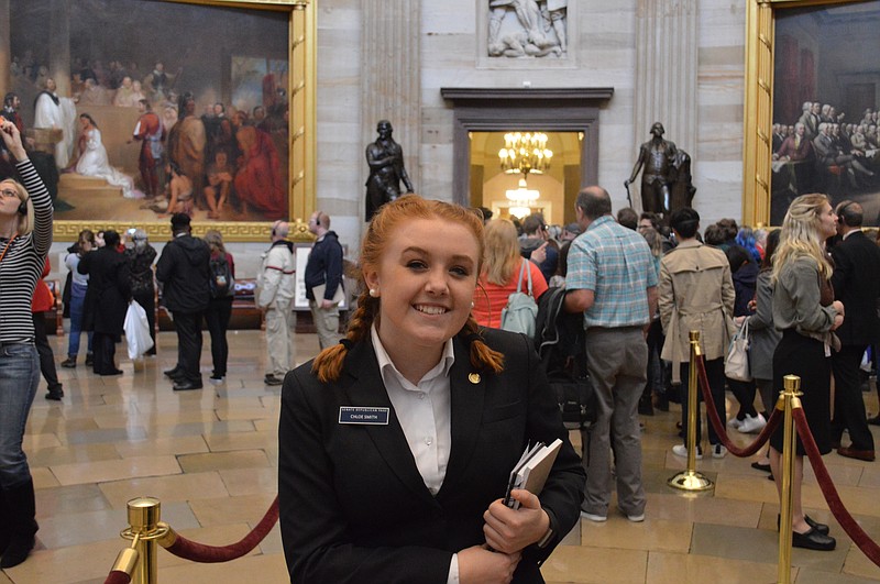 Senate pages like Chloe Smith, pictured here, are appointed and sponsored by a senator. Following their daily classes at the United States Senate Page School, they primarily work as couriers within the congressional complex, prepare the chamber for Senate sessions and carry bills and amendments to the desk. (Contributed photo)