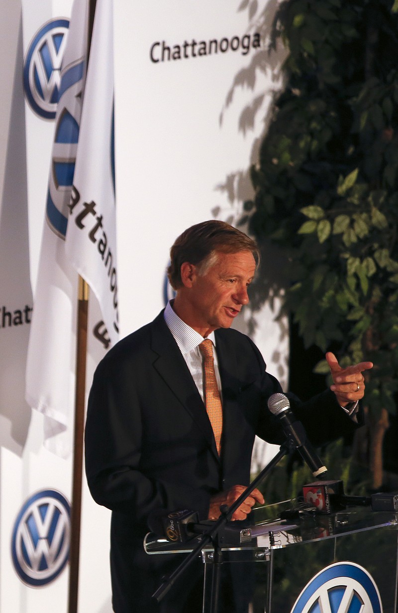 Governor Bill Haslam speaks during a press conference to unveil plans to build the new five-seat Atlas in Chattanooga at the Volkswagen Conference Center on Monday, March 19, 2018 in Chattanooga, Tenn.