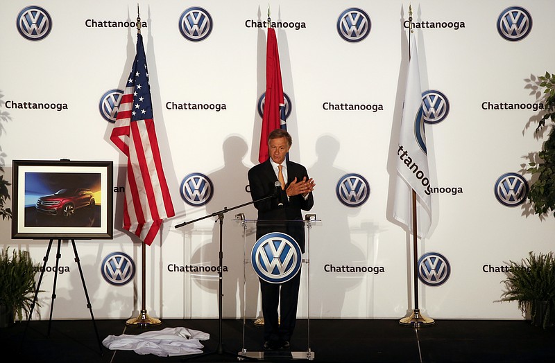 Governor Bill Haslam speaks during a press conference to unveil plans to build the new five-seat Atlas in Chattanooga at the Volkswagen Conference Center on Monday, March 19, 2018 in Chattanooga, Tenn.