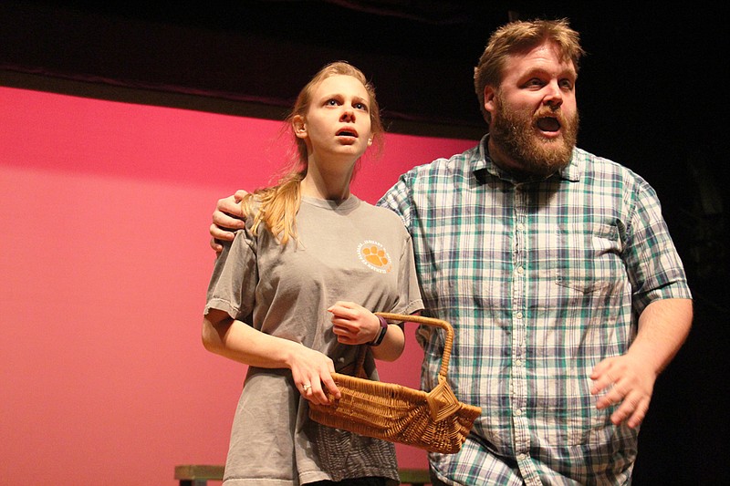 Richard Nichols, the wolf, and Maggie Meller, Little Red Riding Hood, rehearse "Hello, Little Girl."