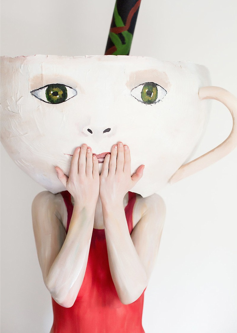 Teacup angel, as painted by Miki Boni, at left; replicated painting with live model at right.