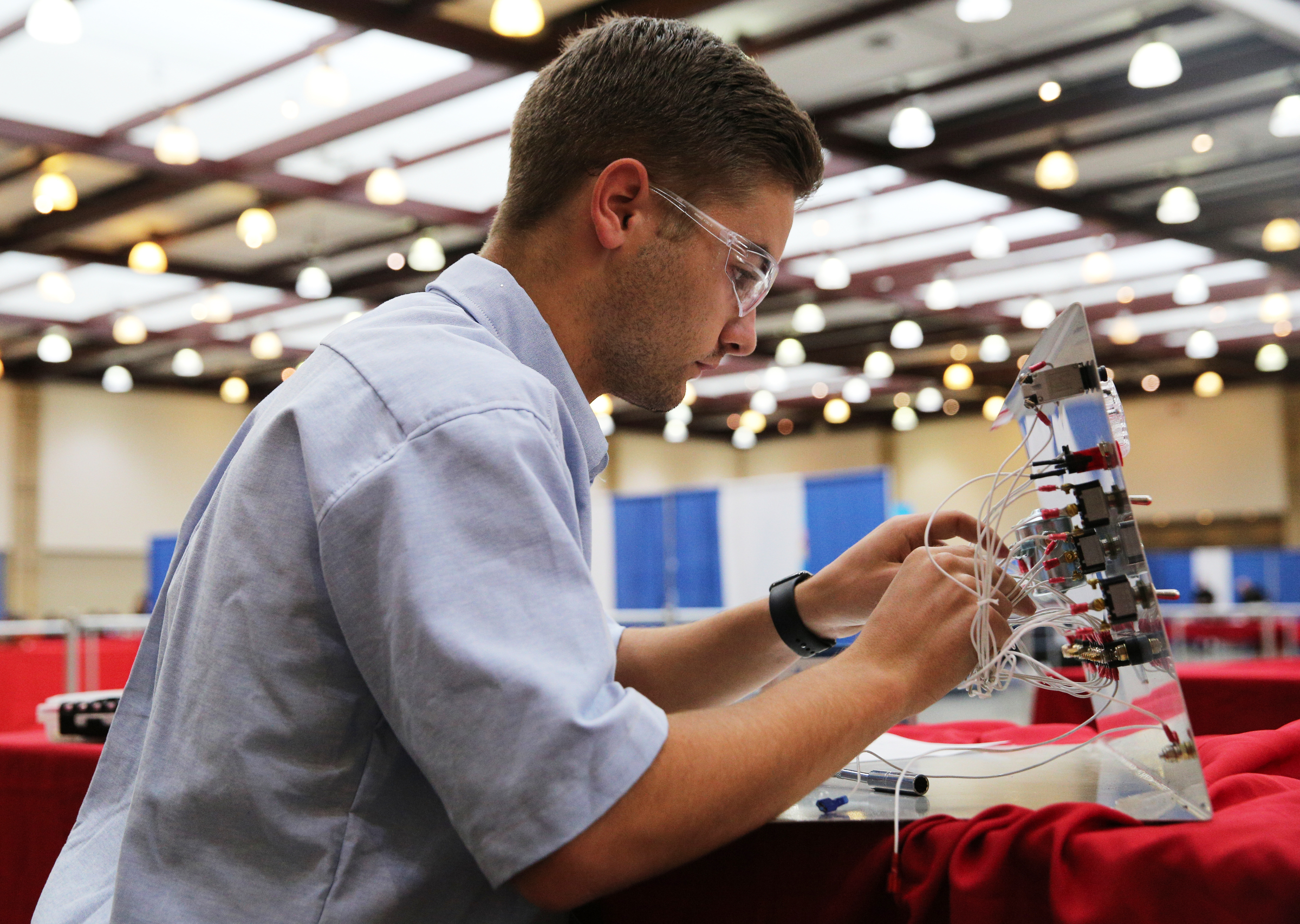 Hayden Settle, a Tennessee College of Applied Tech-Morristown, participates in an aerospace engineering competition during the Tennessee State Leadership and Skills Conference at the Chattanooga Convention Center on Tuesday, March 20, 2018 in Chattanooga, Tenn. There were 110 different SkillsUSA competitions going on during the event.