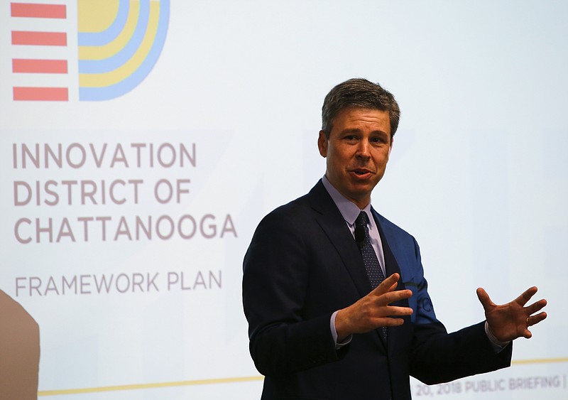 Mayor Andy Berke speaks during a public meeting on the framework for the Innovation District on the Fifth Floor of the Edney Innovation Center on Tuesday, March 20, 2018 in Chattanooga, Tenn.