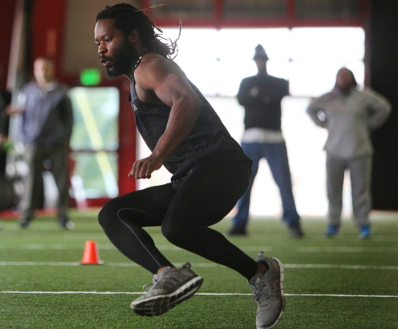 Running back Richardre Bagley runs drills during University of Tennessee at Chattanooga's Pro Day Tuesday, March 20, 2018 at D1 Sports Training in Chattanooga, Tenn. 