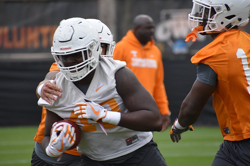 Tennessee players run through drills at Haslam Field during the opening practice of head coach Jeremy Pruitt's coaching tenure on Tuesday, March 20, 2018. (Photo by David Cobb)