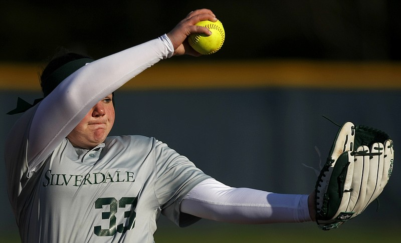 Silverdale Baptist Academy's Maddie Tankersley pitches against CCS at Chattanooga Christian School on Wednesday, March 21, 2018 in Chattanooga, Tenn.