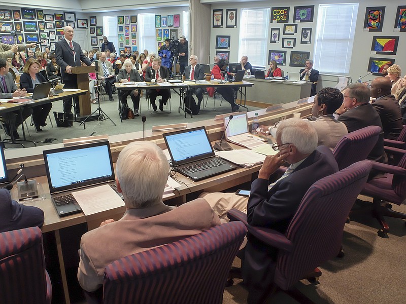 Hamilton County Sheriff Jim Hammond speaks to the Hamilton County School Board on Thursday night, March 22, 2018, about how he plans to help keep our schools safe.