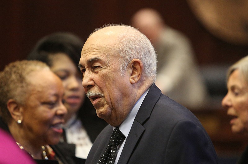 The Rev. Paul McDaniel speaks with others before he is honored with the Jocelyn D. Wurzburg Civil Rights Legacy Award during a Hamilton County Commission meeting on Wednesday, March 21, 2018 in Chattanooga, Tenn. McDaniel served as the pastor of Second Missionary Baptist Church in Chattanooga for 48 years as well as a community leader and advocate for equality. 