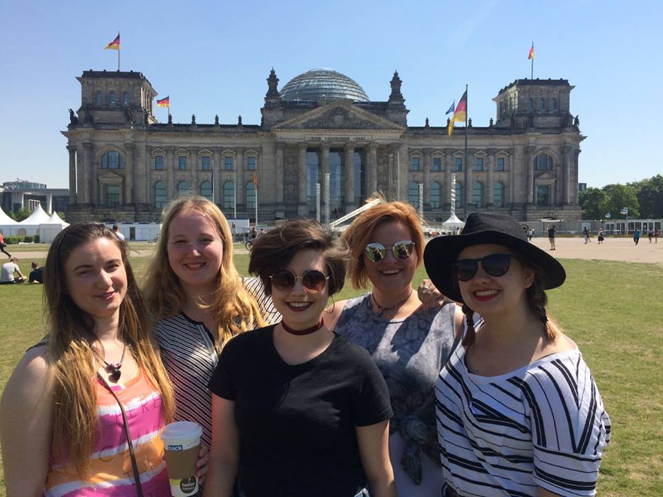 Carson Cook, right, visits the German Parliament building, the Reichstag, with friends from college: Franzi Wehrhahn, Molly Burdine, Sami Burns and Natalie Burdine, from left.