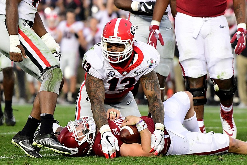 Georgia defensive end Jonathan Ledbetter, shown sacking Oklahoma's Baker Mayfield in the Rose Bowl on New Year's Day, is among the expected leaders for the 2018 Bulldogs.