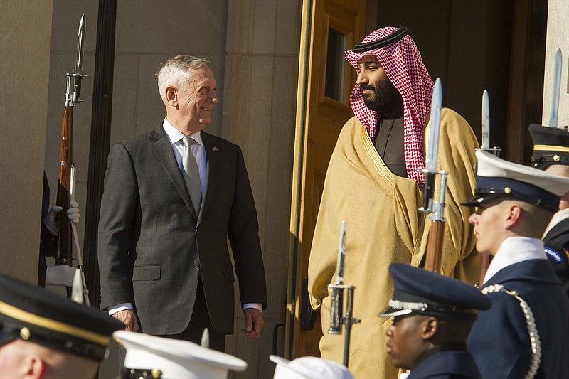 
              Defense Secretary Jim Mattis welcomes Saudi Crown Prince Mohammed bin Salman to the Pentagon with an Honor Cordon, in Washington, Thursday, March 22, 2018. (AP Photo/Cliff Owen)
            