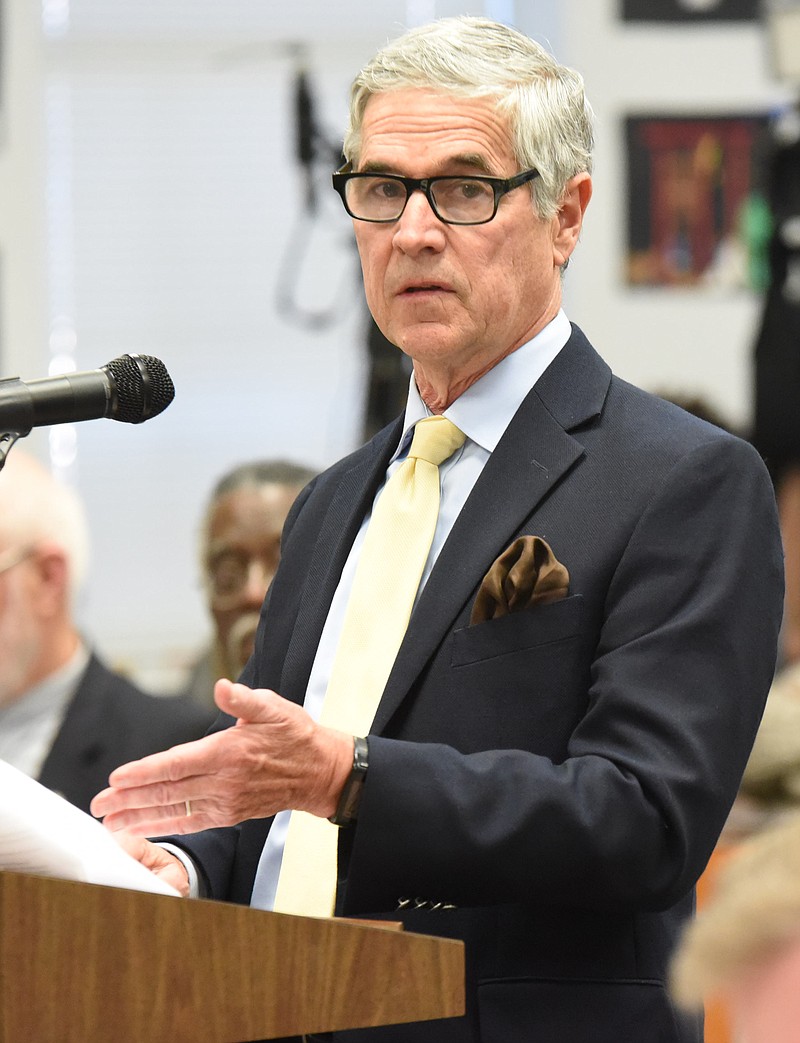 Attorney James M. Johnson, representing the local NAACP, speaks to the Hamilton County Board of Education Thursday night.