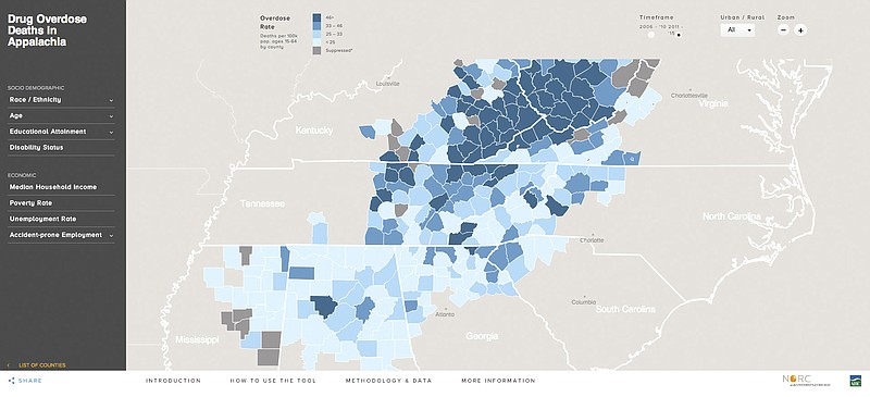 This screen capture shows a new interactive map, which aims to illustrate the scale of the opioid epidemic in Appalachia. 