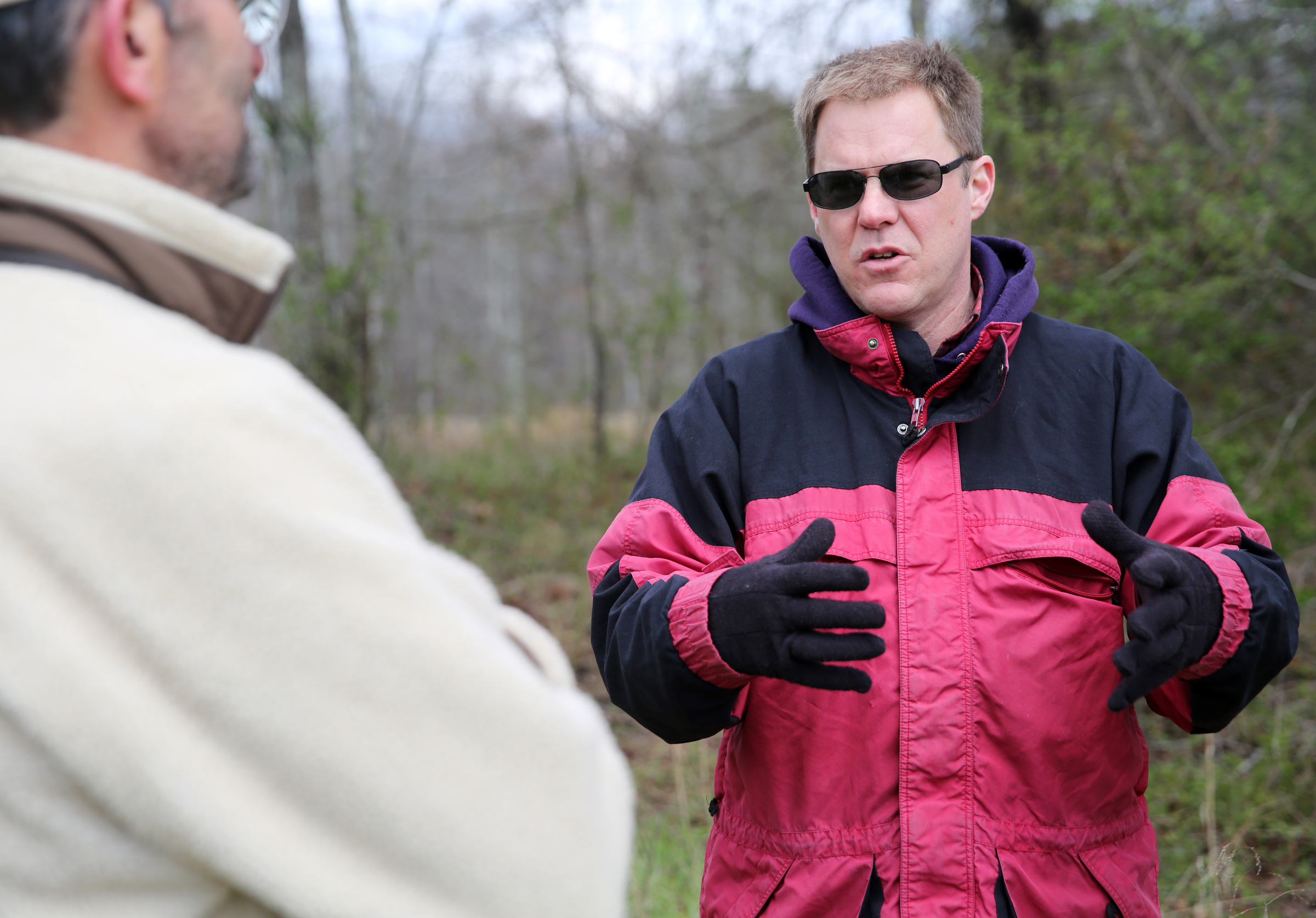 Patrick Dean, executive director of the Mountain Goat Trail Association, listens as Lawson Bordley of Robert G. Campbell engineering firm talks about the upcoming phases of the Mountain Goat Trail Wednesday, March 21, 2018 in Tracy City, Tenn. A multi-use walking and cycling trail connecting the communities along the path of the historic Mountain Goat Railroad has two ongoing construction projects as the area continues to develop the trail system.