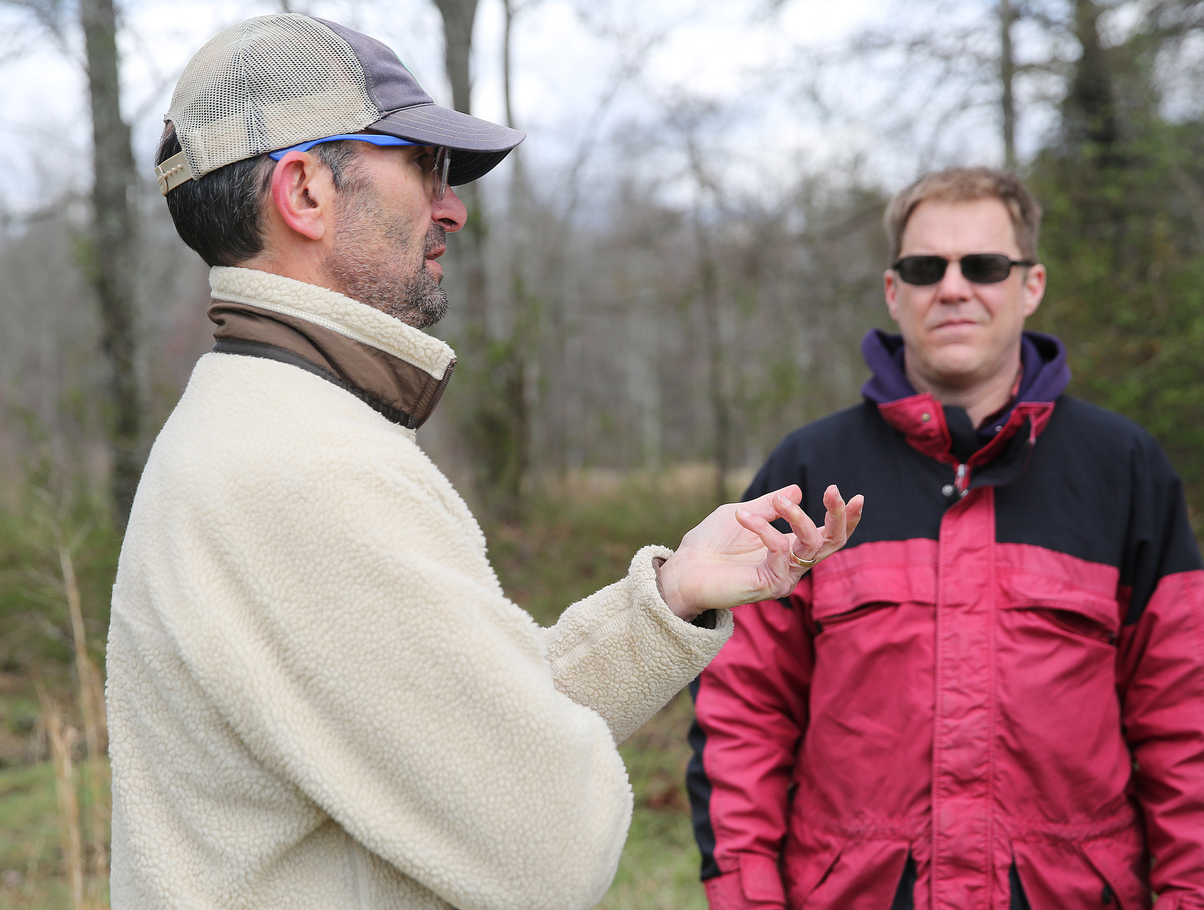 Patrick Dean, executive director of the Mountain Goat Trail Association, talks about the upcoming phases of the Mountain Goat Trail as Lawson Bordley of Robert G. Campbell engineering firm listens Wednesday, March 21, 2018 in Tracy City, Tenn. A multi-use walking and cycling trail connecting the communities along the path of the historic Mountain Goat Railroad has two ongoing construction projects as the area continues to develop the trail system.