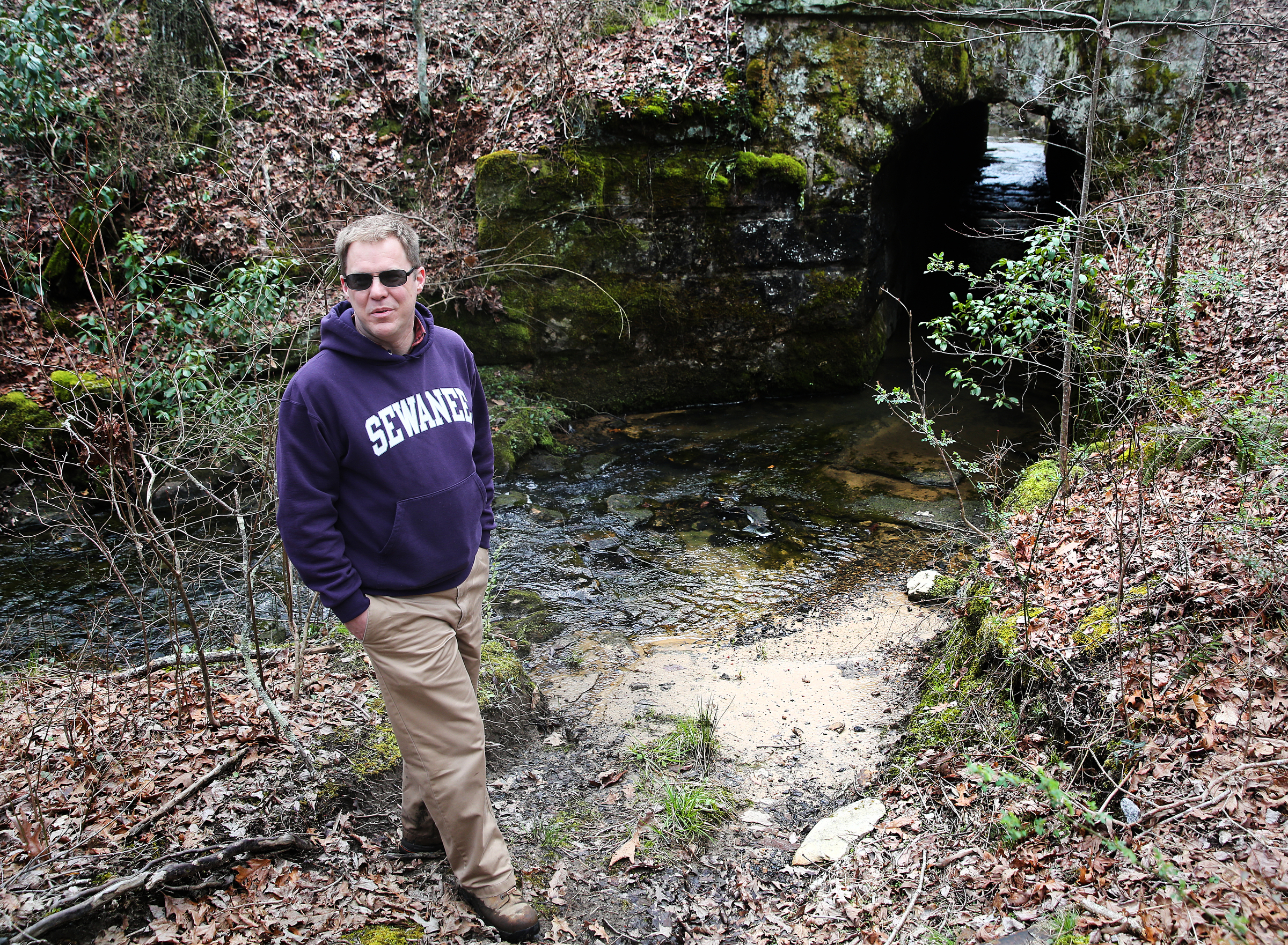 Lawson Bordley of Robert G. Campbell engineering firm shows off an elaborate culvert that is under a portion of the Mountain Goat Trail Wednesday, March 21, 2018 in Tracy City, Tenn. A multi-use walking and cycling trail connecting the communities along the path of the historic Mountain Goat Railroad has two ongoing construction projects as the area continues to develop the trail system.